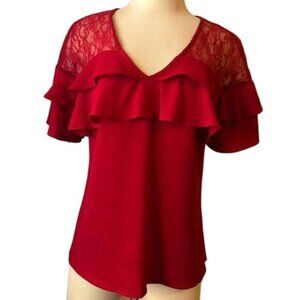 Candies Red Blouse Lace Short Sleeves Womens Ruffle top Size Small